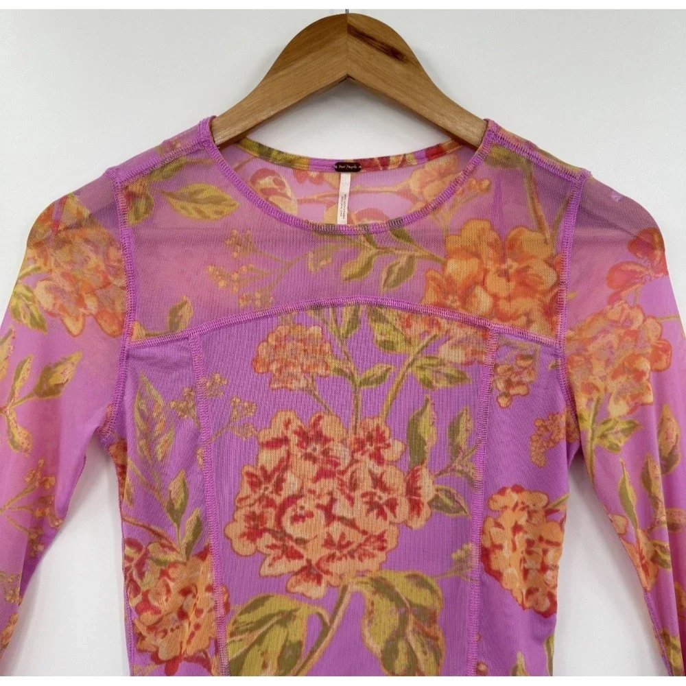 Free People Top Floral Mesh Long Sleeve Pink Orange Sheer Stretch S Fairy Boho